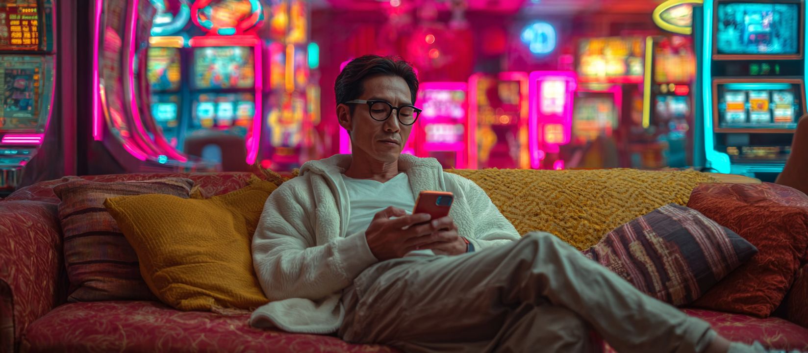Man relaxing on a sofa with smartphone in hand, neon slot machines glowing in the background at LAGOPH online casino.