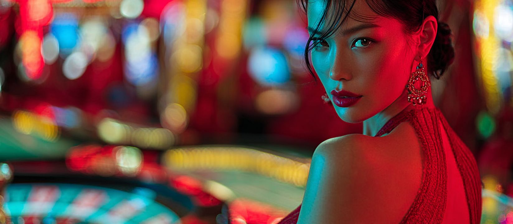 Glamorous woman in red dress at a roulette table, surrounded by bright casino lights at LAGOPH.
