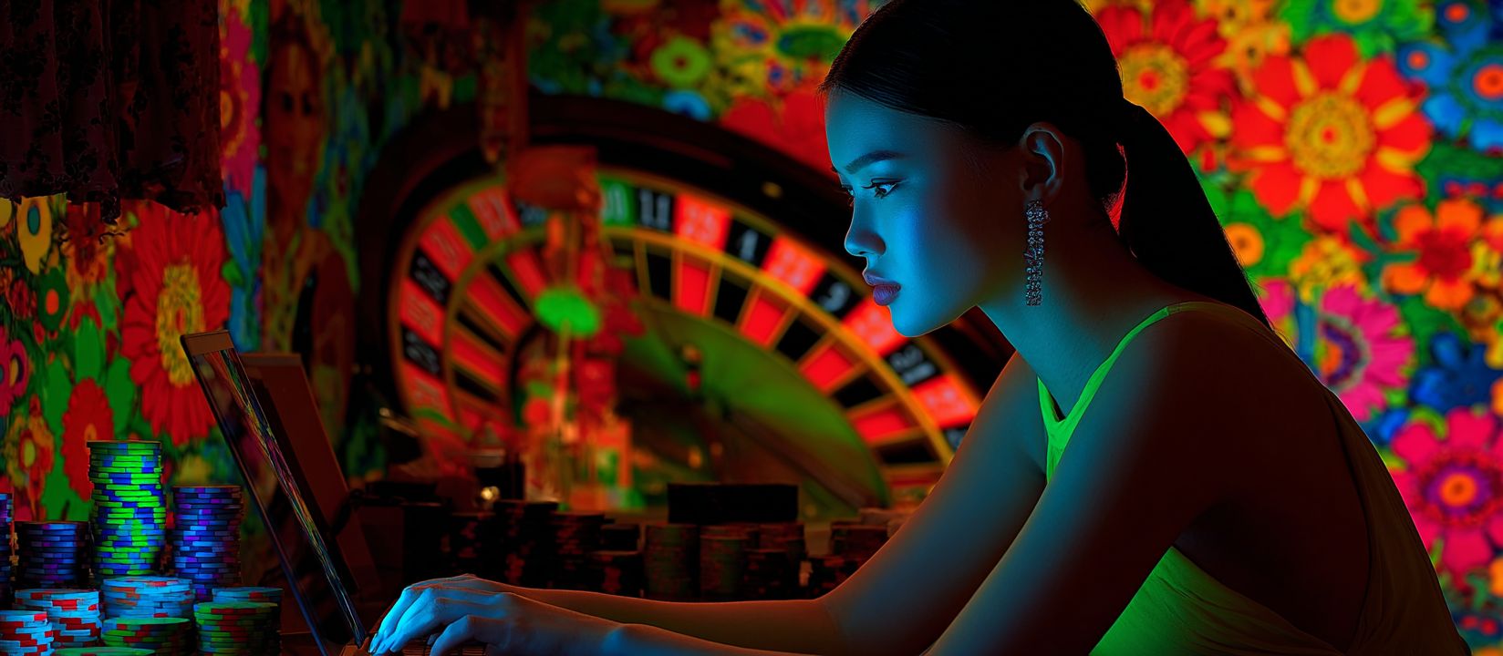 Elegant woman focused on laptop with colorful roulette and chips in background, symbolizing LAGOPH casino games.