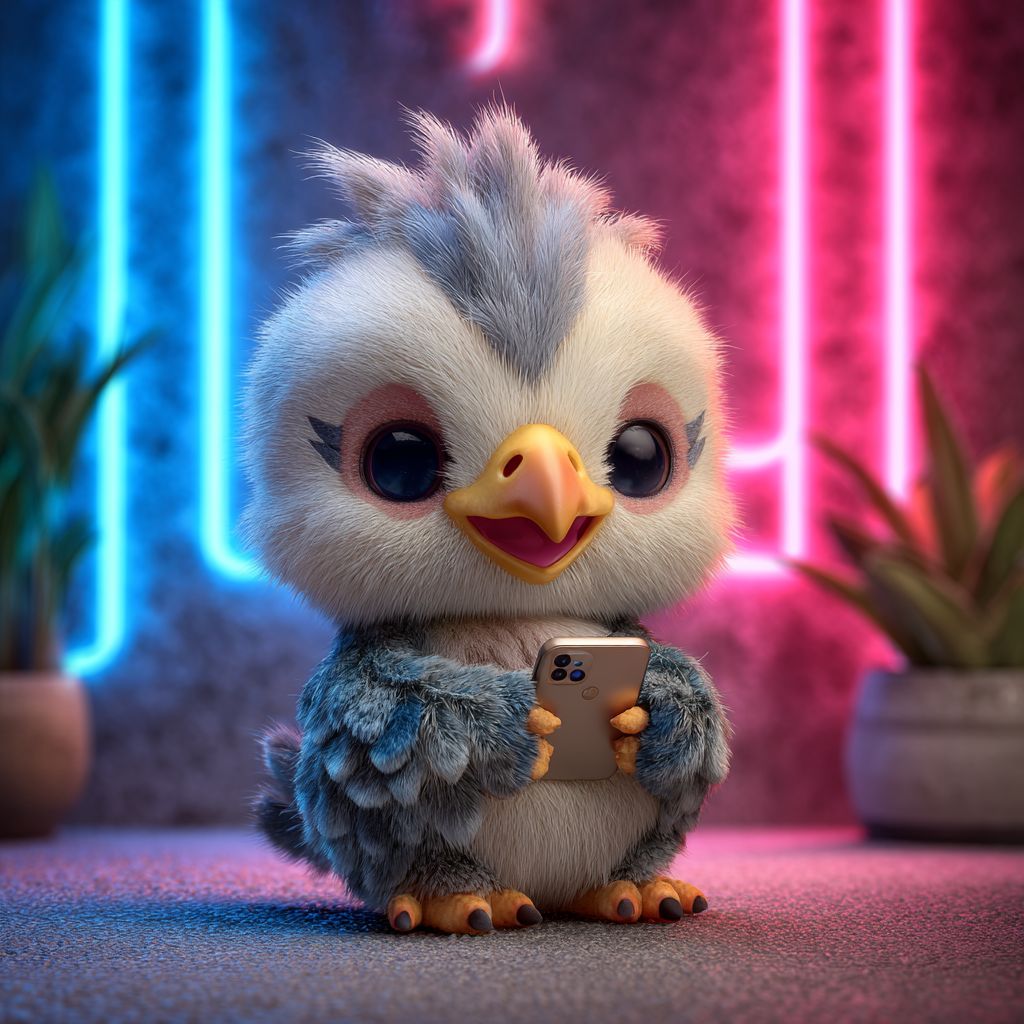 Cute eagle mascot holding a smartphone with neon lights, symbol of LAGOPH online casino mobile app.