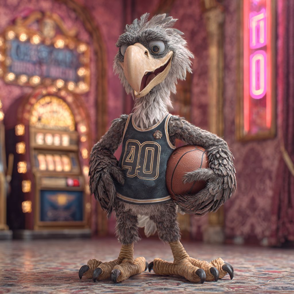 Majestic eagle mascot in basketball jersey with ball, standing near slot machines in LAGOPH casino.