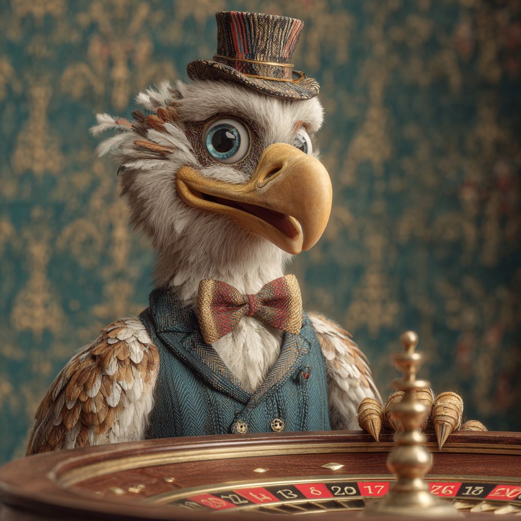 Elegant eagle mascot in suit and bow tie at roulette table inside luxurious LAGOPH online casino.