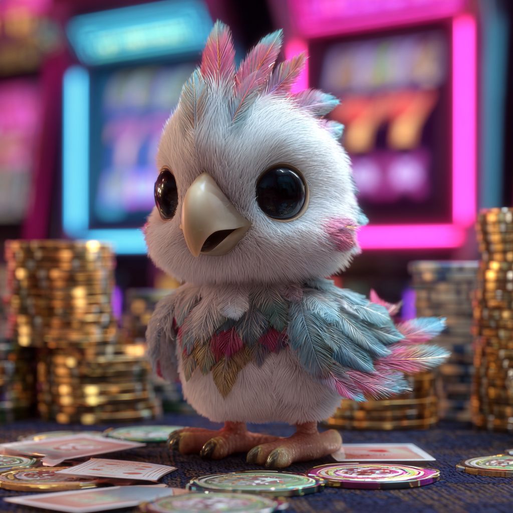 Colorful baby eagle mascot surrounded by casino chips and playing cards at LAGOPH slots hall.