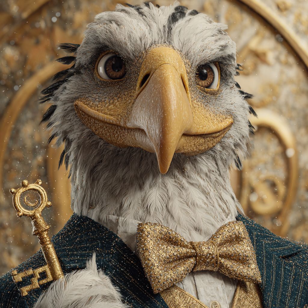 Noble eagle mascot in golden bow tie holding a key, symbolizing secure login at LAGOPH online casino.