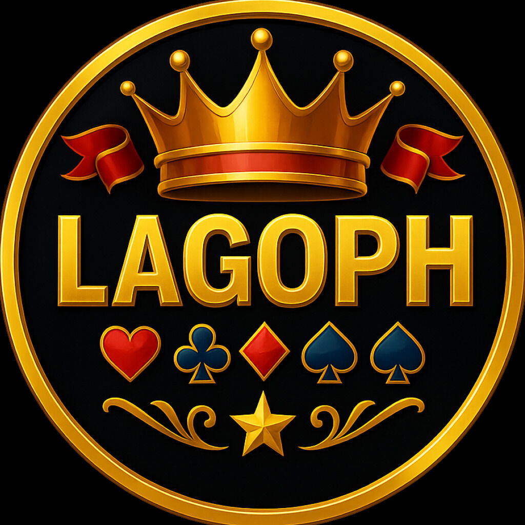 Golden LAGOPH casino logo with crown, card suits and star, symbol of premium online gaming.