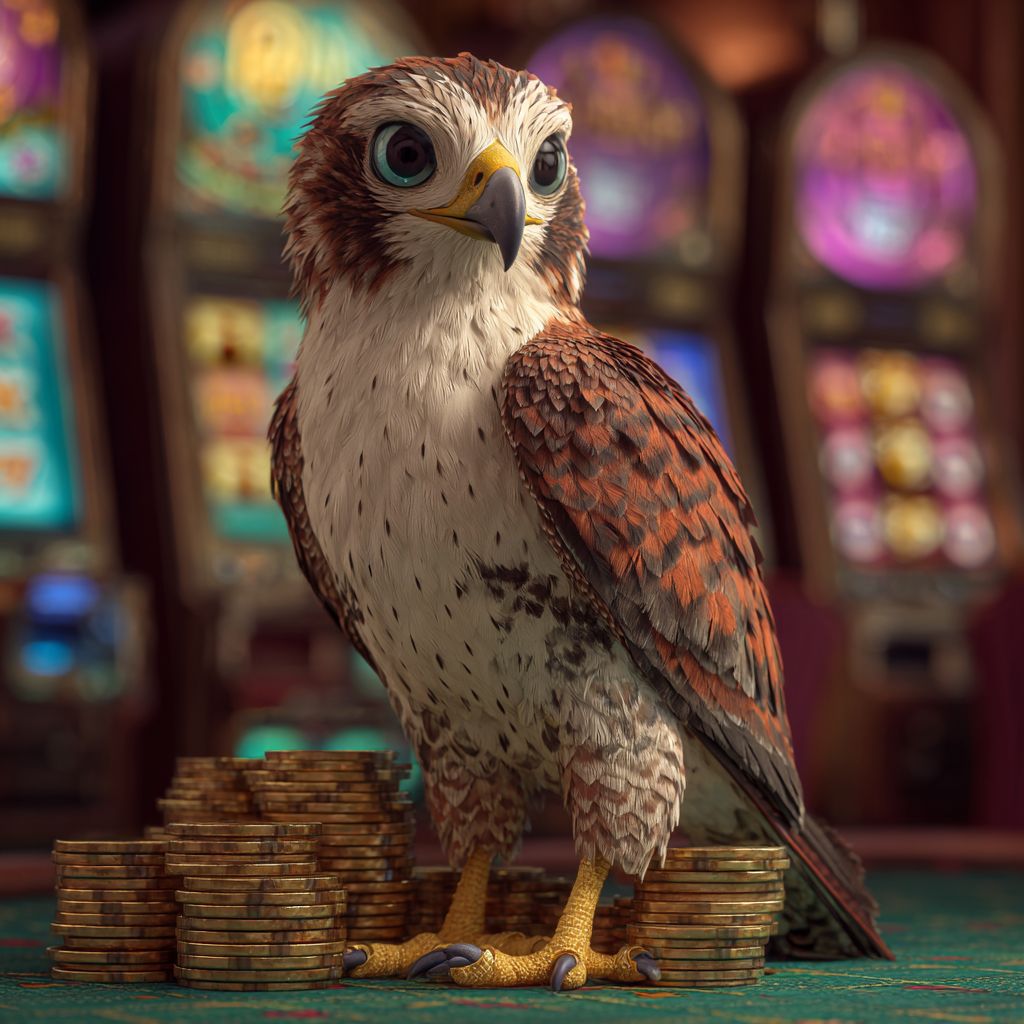Fierce eagle mascot standing on stacks of golden coins with slot machines in the background at LAGOPH.
