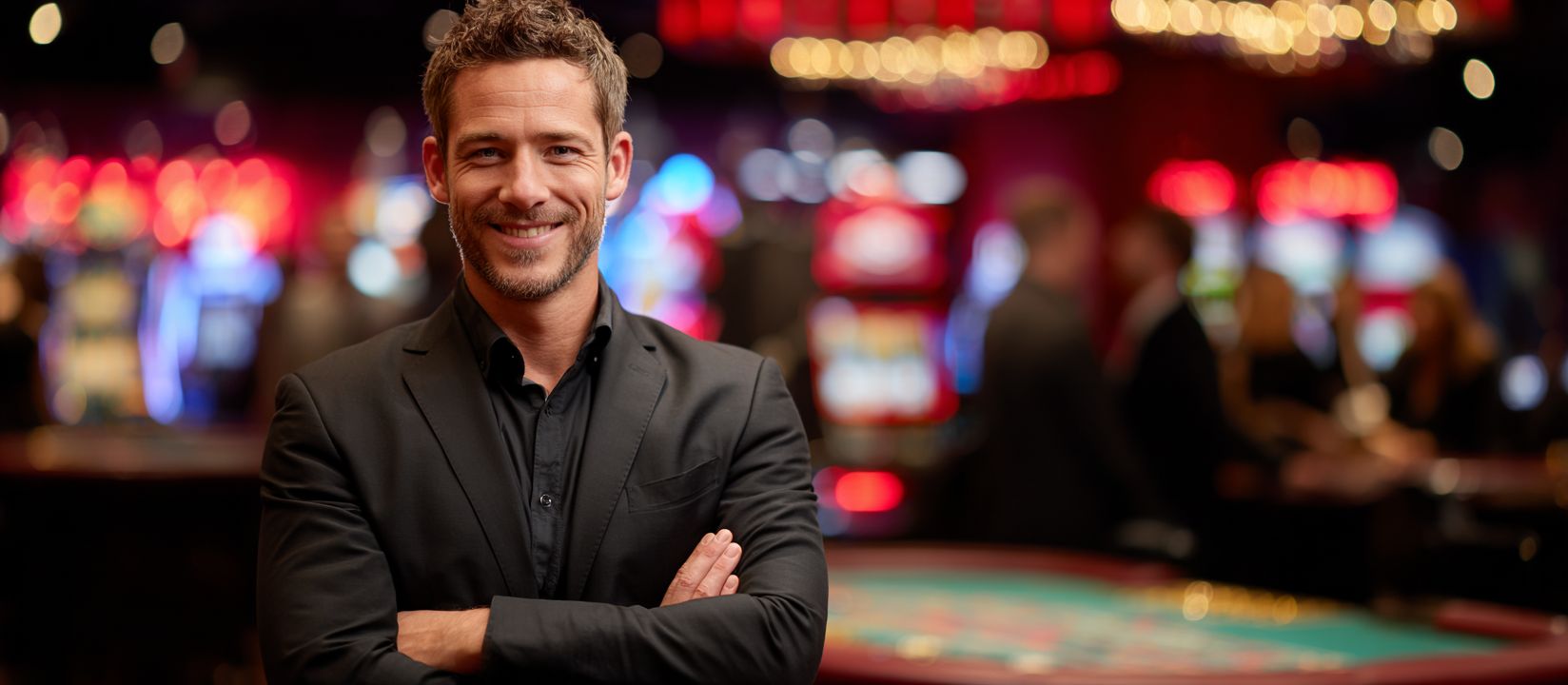 Confident man in black suit smiling at the gaming floor, representing secure login to LAGOPH casino.