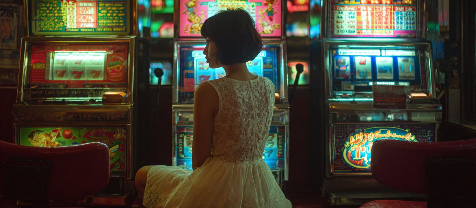 Woman in white dress sitting in front of vintage slot machines with glowing reels at LAGOPH.
