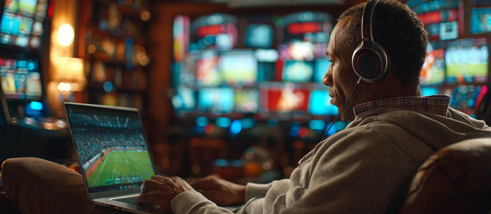 Man with headphones watching live sports match on laptop, enjoying online betting at LAGOPH.